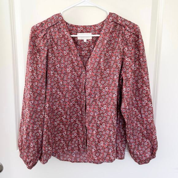 Xirena Sadie Snap Button Down Cotton Balloon Sleeve Floral V Neck Blouse Small - Picture 2 of 6